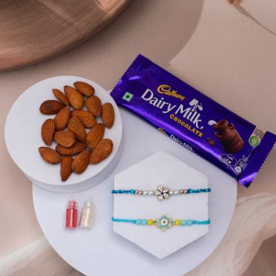 American Diamond & Evil Eye Rakhi Set with Almonds & Dairy Milk Bar