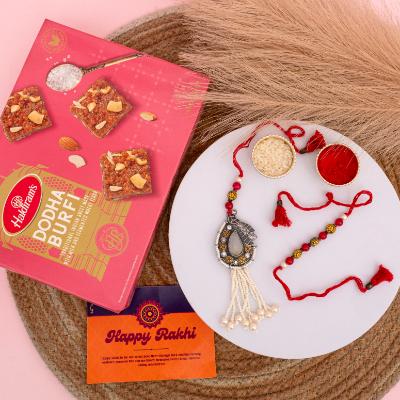 Ruby Glow & Dodha Delight Rakhi Set