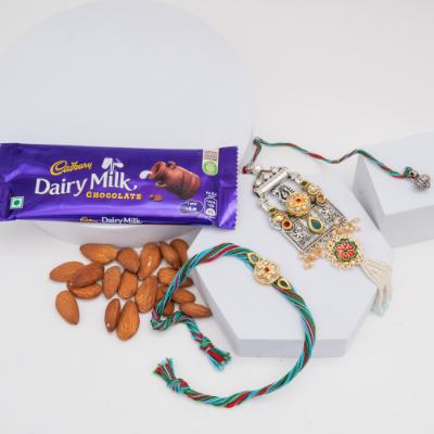 Multicolor Oxidised Bhaiya Bhabhi Rakhi with Dairy Milk