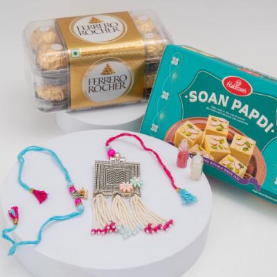 Oxidised Bhaiya Bhabhi Rakhi with Soan Papdi & Ferrero Delight