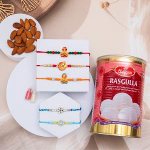 Blessed Bonds, Protective Charms & Sweet Feast - Set of 5 Rakhis to USA
