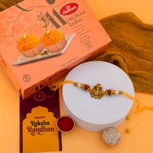 Antique Ganesha Rudraksha Rakhi with Motichoor Laddu