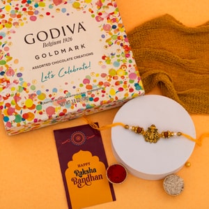 Antique Ganesha Rudraksha Rakhi with Godiva Chocolates