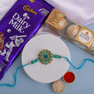Turquoise Flower Rakhi with Dairy Milk & Ferrero