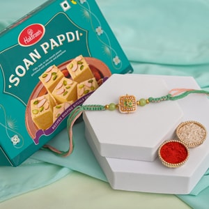 Om Pearl Designer Rakhi with Soan Papdi