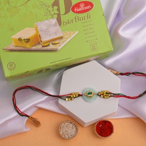 Green Stone Designer Rakhi with Pista Burfi