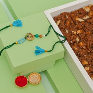 Peacock Designer Rakhi with Dodha Burfi