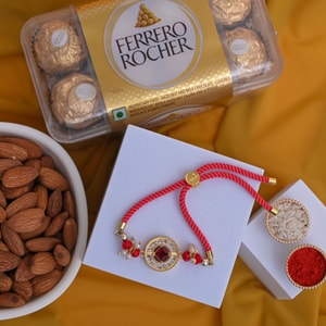 Ruby Halo Rakhi with Ferrero & Almond Gift Hamper