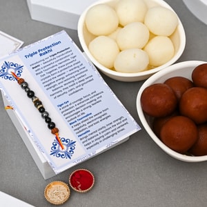 Crystal Protection Rakhi with Gulab Jamun & Rasgulla