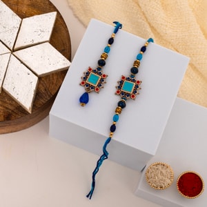 Blue Designer Bhaiya Bhabhi Rakhi with Kaju Katli