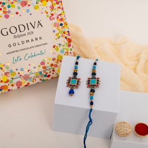 Blue Designer Bhaiya Bhabhi Rakhi with Godiva Chocolates