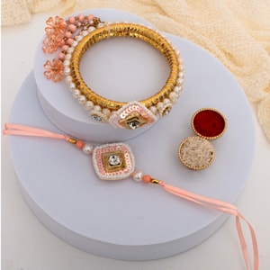 Peach Pearl Designer Bhaiya Bhabhi Rakhi Set