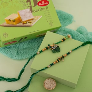 Green Peacock Bhaiya Bhabhi Rakhi with Pista Burfi
