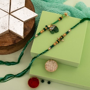 Green Peacock Bhaiya Bhabhi Rakhi with Kaju Katli