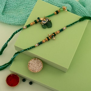 Green Peacock Bhaiya Bhabhi Designer Rakhi Set
