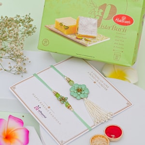 Floral Bhaiya Bhabhi Rakhi with Pista Burfi