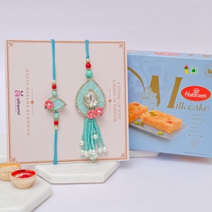 Aqua Stone Bhaiya Bhabhi Rakhi with Milk Cake