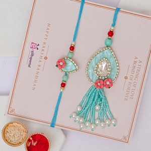 Aqua Stone Bhaiya Bhabhi Designer Rakhi Pair