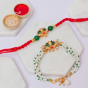 Green Lotus Bhaiya Bhabhi Lumba Rakhi Duo