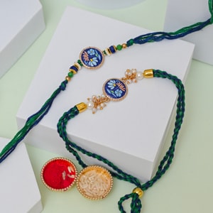 Blue Floral Handcrafted Bhaiya Bhabhi Rakhi Pair