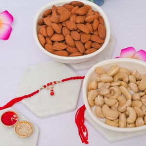 Red Designer Lumba Rakhi with Almonds & Cashews