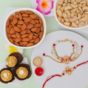 Pearl Bhaiya Bhabhi Rakhi Hamper with Dry Fruits & Ferrero