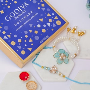 Blue Floral Bhaiya Bhabhi Rakhi with Godiva Truffles