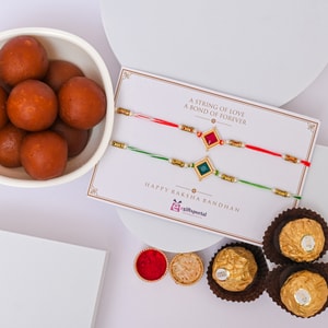 Designer Stone Rakhi Pair with Gulab Jamun & Ferrero