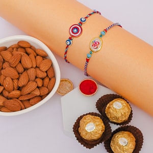 Om & Captain America Rakhi Hamper with Ferrero