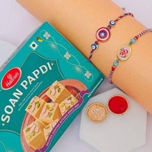 Om & Captain America Rakhi with Soan Papdi