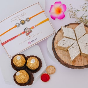 Om & Shinchan Rakhi with Kaju Katli Delight