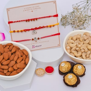 Rudraksha Rakhi Trio with Dry Fruits & Ferrero