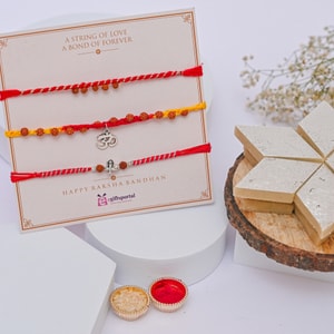 Rudraksha Rakhi Trio with Kaju Katli
