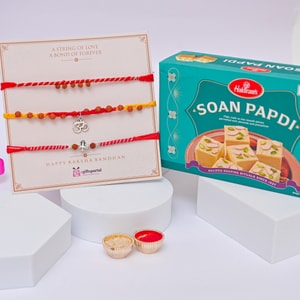 Rudraksha Rakhi Trio with Soan Papdi