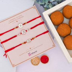 Om Symbol Rakhi Trio with Besan Laddu