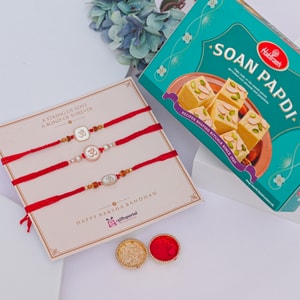 Om Symbol Rakhi Trio with Soan Papdi