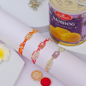 Floral Pearl Rakhi Trio with Rajbhog