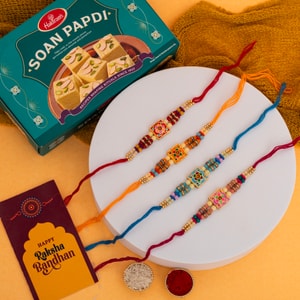 Designer Floral Rakhi & Soan Papdi Combo