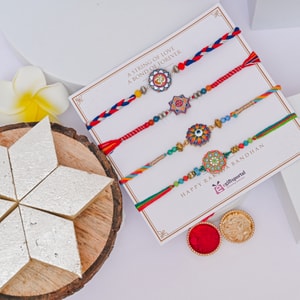 Designer Rakhi & Kaju Katli Combo - Set of 4 Rakhis to USA