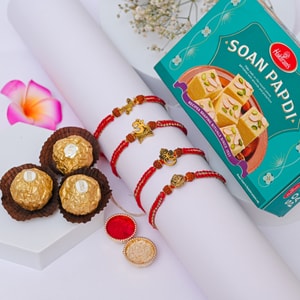 Spiritual Rudraksha Rakhi Sweet Hamper - Set of 4 Rakhis to USA